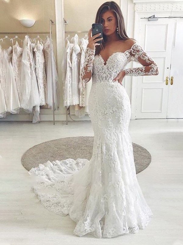 Sleeves Tulle Trumpet/Mermaid Off-the-Shoulder Sweep/Brush Long Applique Train Wedding Dresses