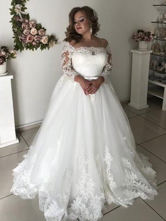 Sweep/Brush Off-the-Shoulder A-Line/Princess Sleeves Lace Long Train Tulle Wedding Dresses