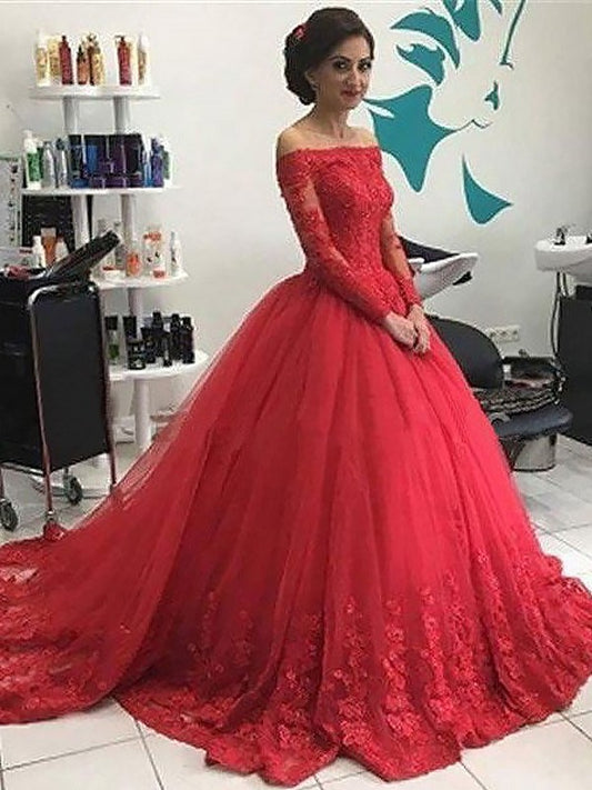 Off-the-Shoulder Ball Gown Sleeves Long Lace Tulle Court Train Dresses