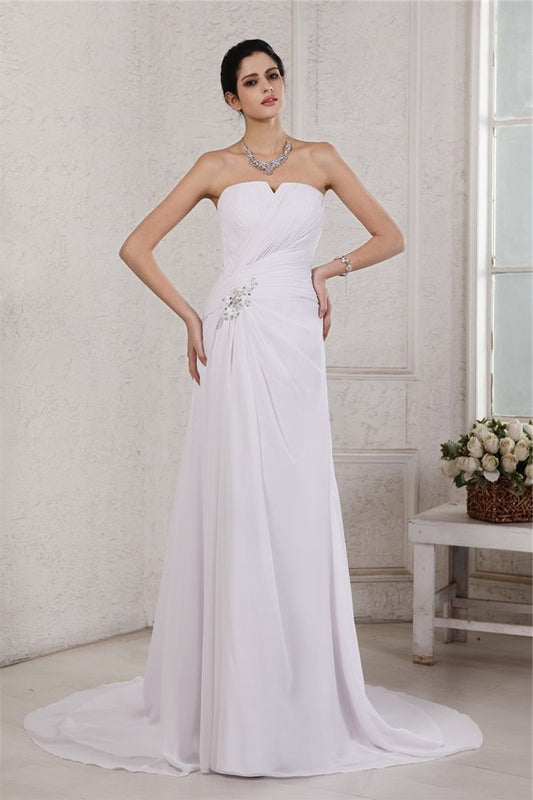 Sleeveless Strapless Long Sheath/Column Applique Beading Pleats Chiffon Wedding Dresses