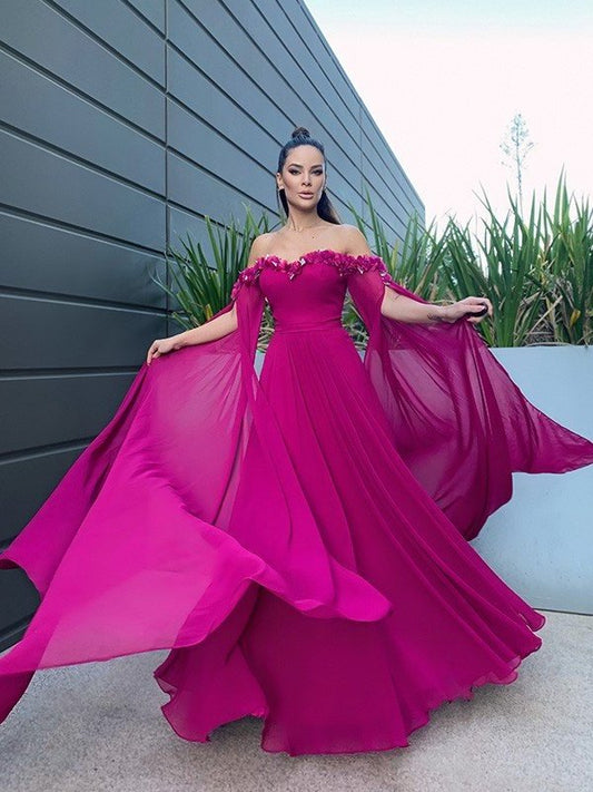 Floor-Length Sleeves A-Line/Princess Long Chiffon Ruffles Off-the-Shoulder Dresses