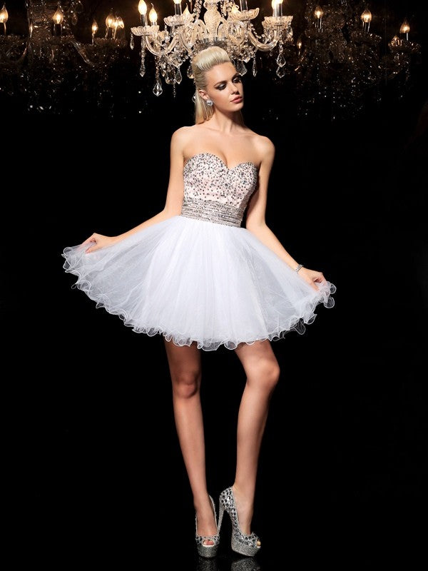 A-Line/Princess Sweetheart Beading Sleeveless Annabella Short Homecoming Dresses Net Cocktail Dresses