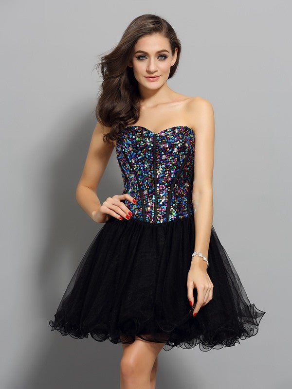 A-Line/Princess Sweetheart Homecoming Dresses Ruffles Autumn Sleeveless Short Net Cocktail Dresses