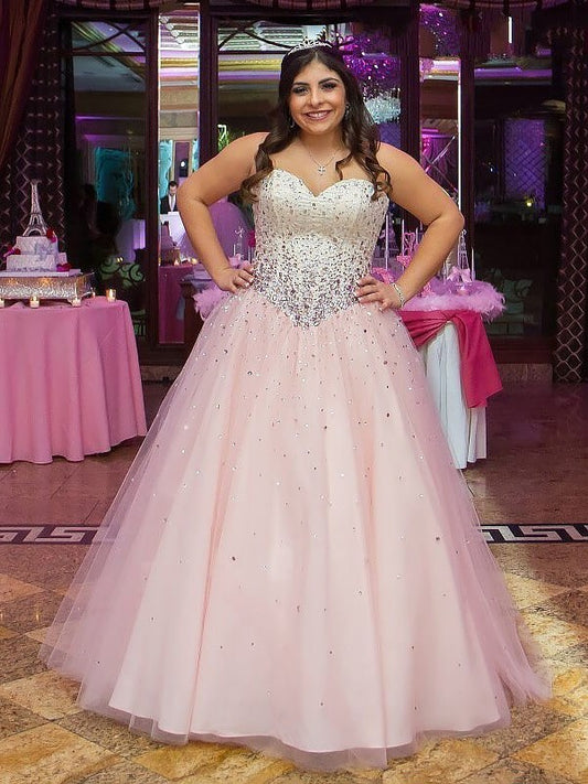 Gown Beading Sleeveless Tulle Floor-Length Ball Sweetheart Plus Size Dresses