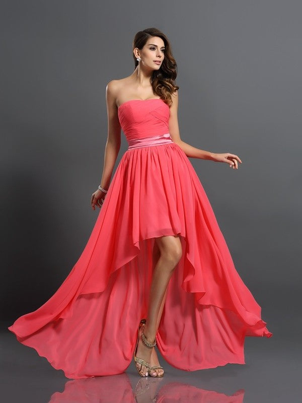 A-Line/Princess Sweetheart High Sleeveless Low Chiffon Bridesmaid Dresses