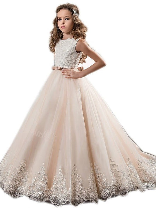 Gown Train Ball Jewel Sweep/Brush Tulle Lace Sleeveless Flower Girl Dresses