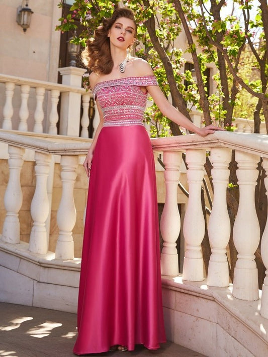 Off-the-Shoulder A-Line/Princess Beading Floor-Length Satin Sleeveless Two Piece Dresses