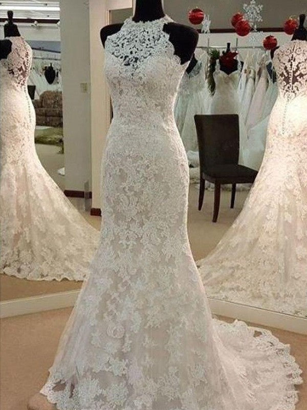 Sheath/Column Sweep/Brush Train Sleeveless Applique Scoop Lace Wedding Dresses