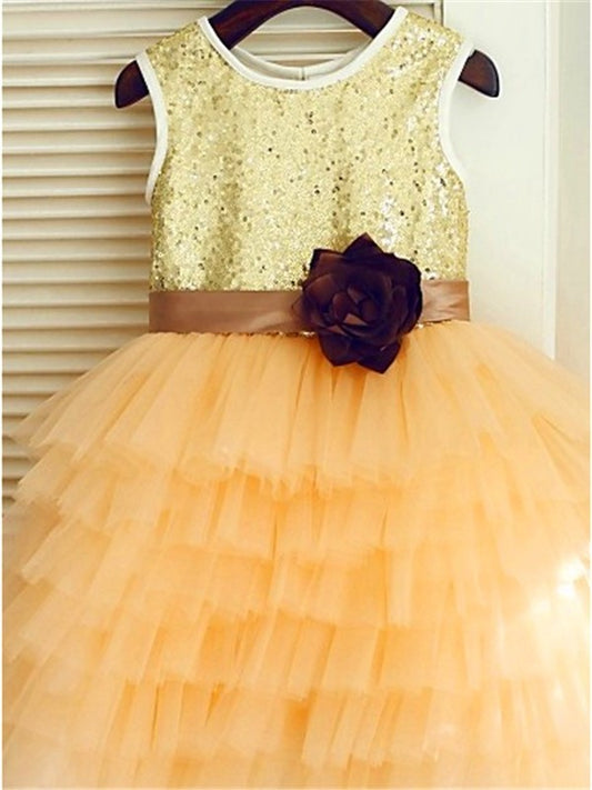 Tea-Length Scoop Sleeveless Sequin Tulle A-line/Princess Flower Girl Dresses