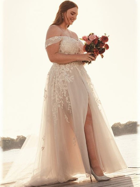 Sweep/Brush Sleeveless Tulle Applique Off-the-Shoulder A-Line/Princess Train Wedding Dresses