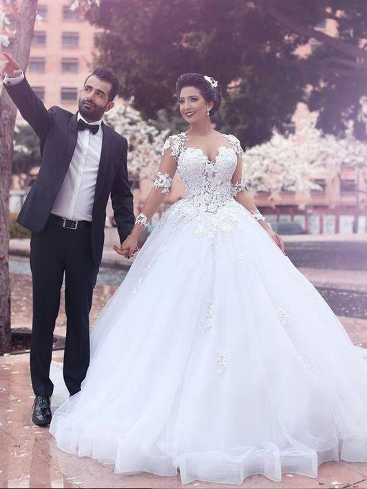 Train Ball Long Court Sweetheart Sleeves Gown Tulle Wedding Dresses