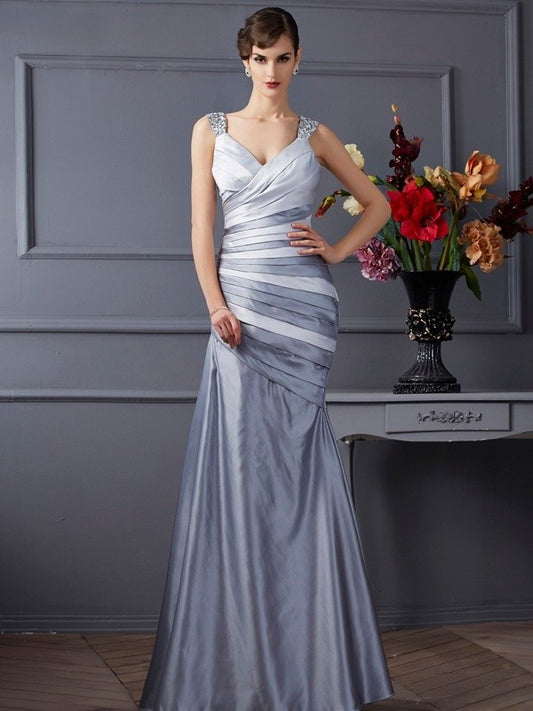 Sleeveless Straps Pleats Trumpet/Mermaid Long Satin Dresses