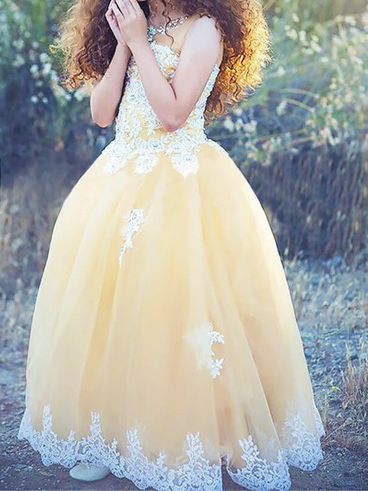 Jewel Applique Floor-Length Gown Sleeveless Ball Tulle Flower Girl Dresses