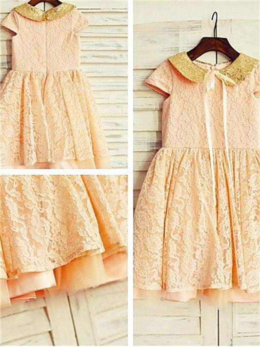 Tea-Length Sleeves Scoop Short Sequin Lace A-line/Princess Flower Girl Dresses