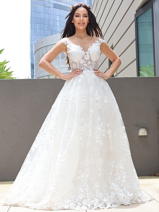 V-neck Applique Sleeveless A-Line/Princess Tulle Floor-Length Wedding Dresses