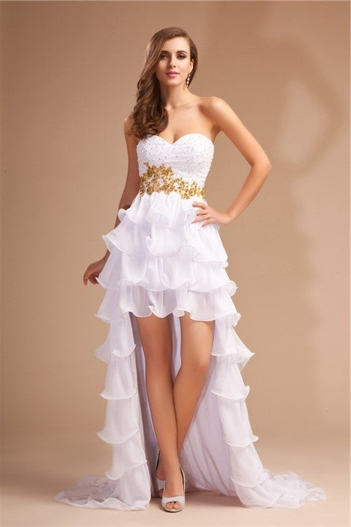 A-Line/Princess Sleeveless Sweetheart High Low Beading Chiffon Dresses