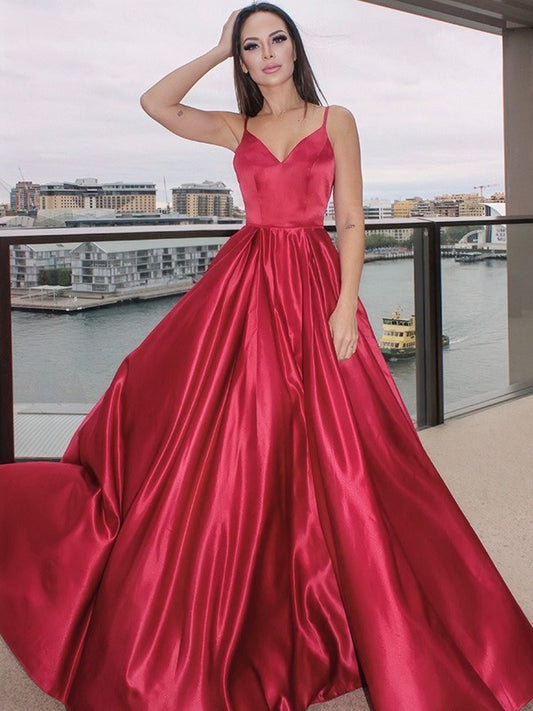 V-neck Sleeveless Ruffles A-Line/Princess Satin Floor-Length Dresses