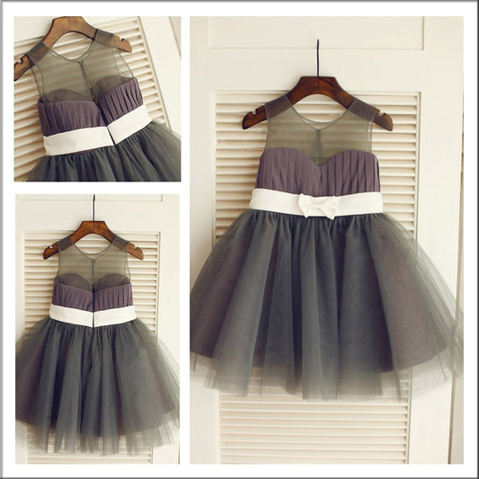 Sash/Ribbon/Belt Scoop A-Line/Princess Tulle Long Sleeveless Flower Girl Dresses