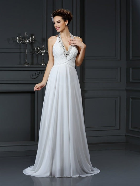 Halter Beading Long A-Line/Princess Sleeveless Chiffon Wedding Dresses