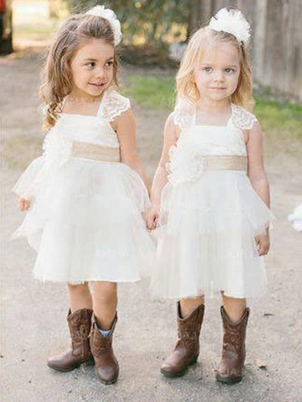 Sash/Ribbon/Belt A-Line/Princess Square Sleeveless Tulle Knee-Length Flower Girl Dresses