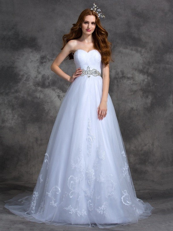 Beading A-line/Princess Long Sleeveless Sweetheart Satin Wedding Dresses