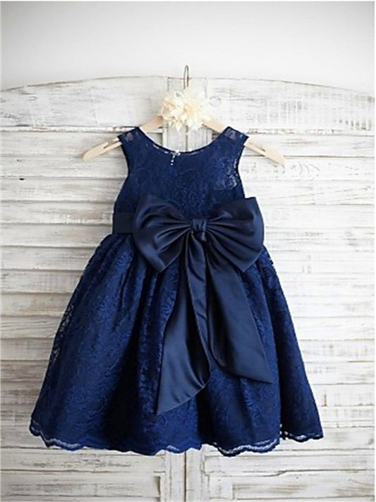 Scoop Tea-Length Bowknot Lace Sleeveless A-line/Princess Flower Girl Dresses