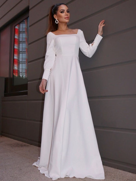 Long Square Ruffles Crepe Sweep/Brush A-Line/Princess Sleeves Stretch Train Wedding Dresses