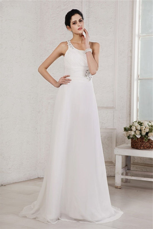 One-Shoulder Beading A-Line/Princess Applique Long Sleeveless Chiffon Wedding Dresses