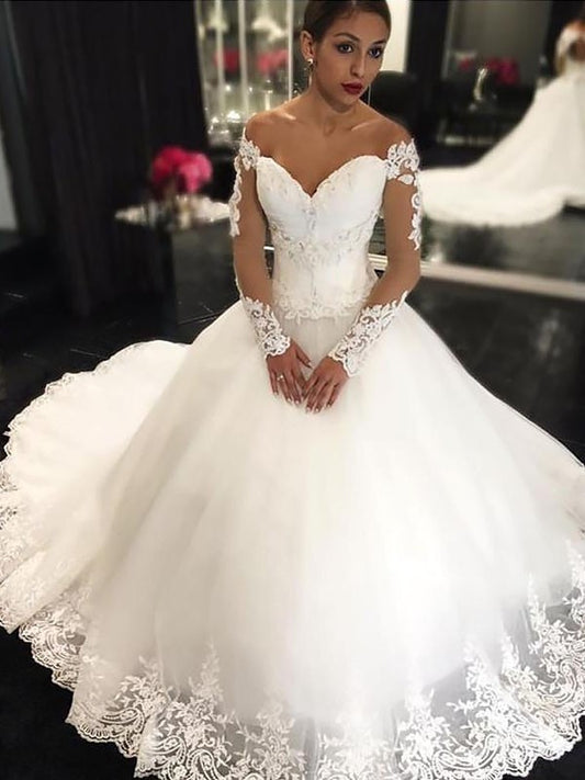 Sleeves Gown Applique Court Tulle Off-the-Shoulder Long Ball Train Wedding Dresses