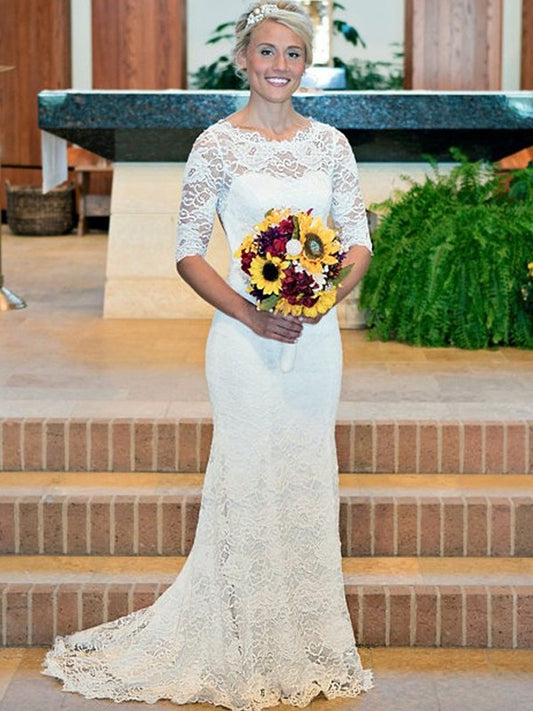 Lace Ruched Sleeves Sheath/Column Sweep/Brush 1/2 Scoop Train Wedding Dresses