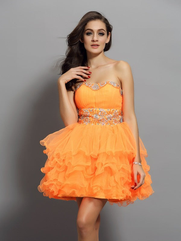 A-Line/Princess Sweetheart Ruffles Sleeveless Short Homecoming Dresses Malia Satin Cocktail Dresses