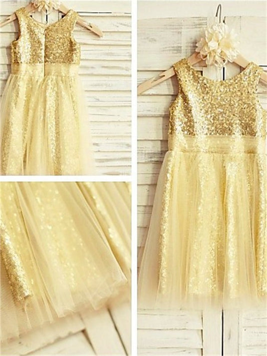 Tea-Length Sleeveless Sequins Scoop Ruffles A-line/Princess Flower Girl Dresses