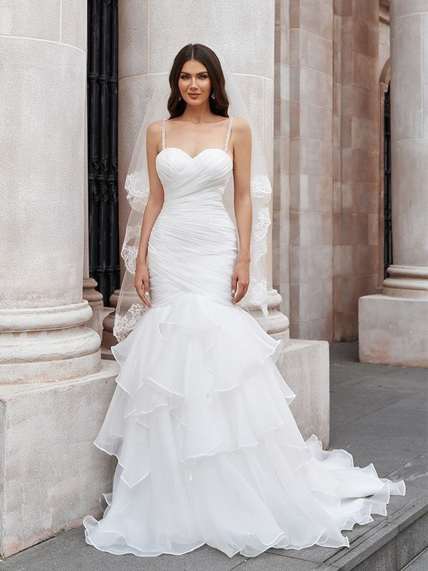 Straps Organza Sleeveless Layers Sweep/Brush Spaghetti Trumpet/Mermaid Train Wedding Dresses