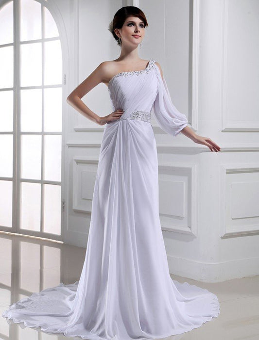 Beading One-shoulder One-sleeve A-Line/Princess Chiffon Wedding Dresses