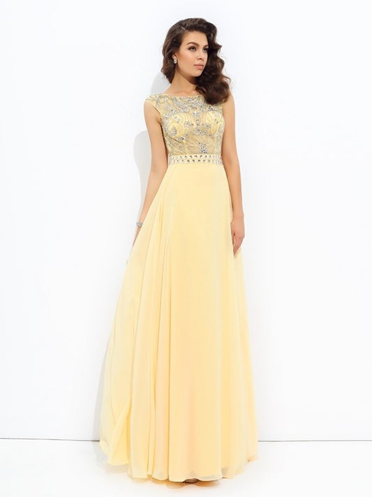 Sleeveless Bateau A-line/Princess Beading Long Chiffon Dresses