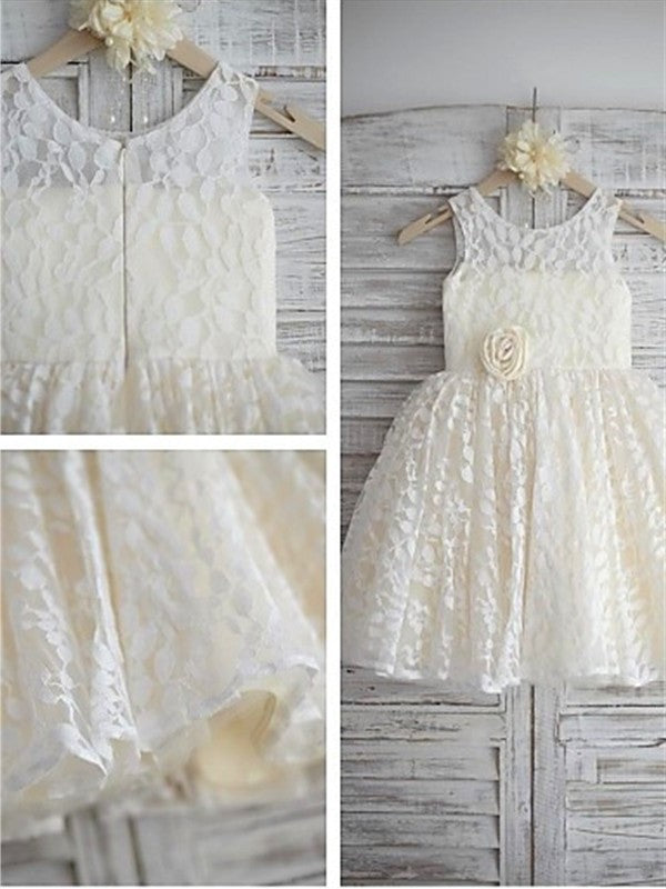 Tea-Length Lace Flower Hand-made A-line/Princess Scoop Sleeveless Flower Girl Dresses