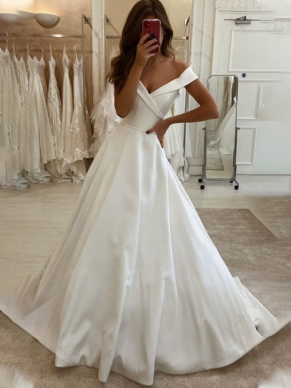 A-Line/Princess Sweep/Brush Satin Sleeveless Off-the-Shoulder Ruffles Train Wedding Dresses