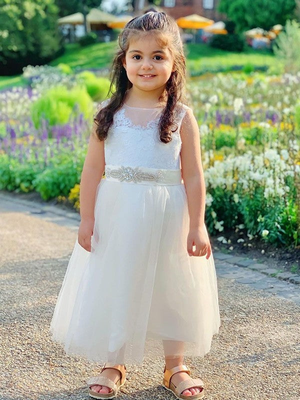 Scoop Tulle Tea-Length Sleeveless A-Line/Princess Lace Flower Girl Dresses