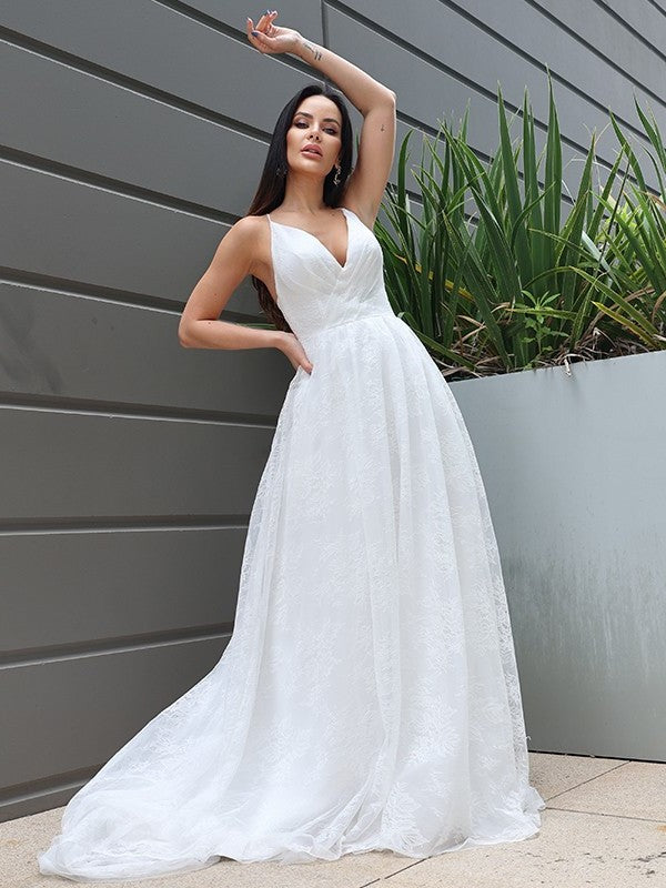 Ruched Sleeveless Sweep/Brush A-Line/Princess V-neck Lace Train Wedding Dresses