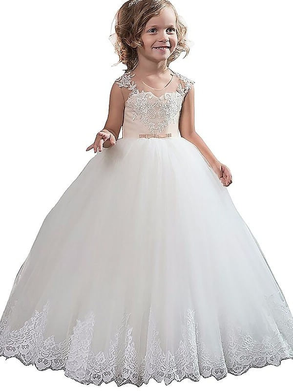 Applique Scoop Ball Floor-Length Gown Tulle Sleeveless Flower Girl Dresses