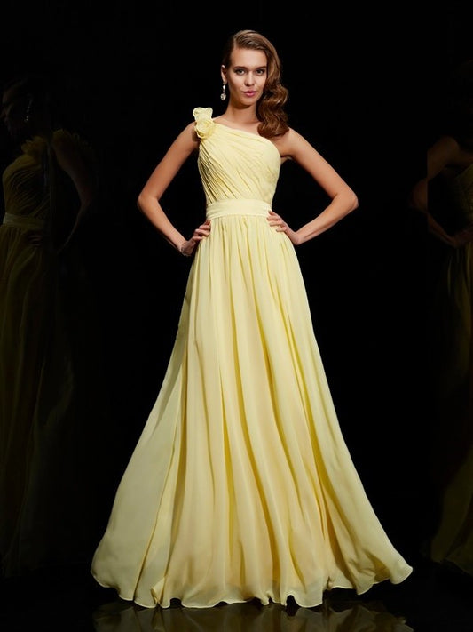 Long Hand-Made A-Line/Princess Sleeveless Flower One-Shoulder Chiffon Bridesmaid Dresses