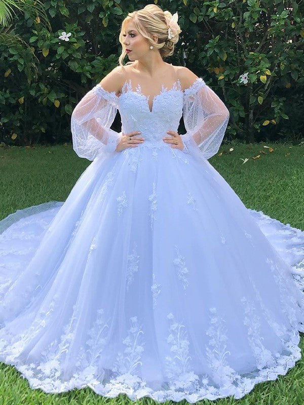 Off-the-Shoulder Sleeves Tulle Ball Applique Long Court Gown Train Wedding Dresses