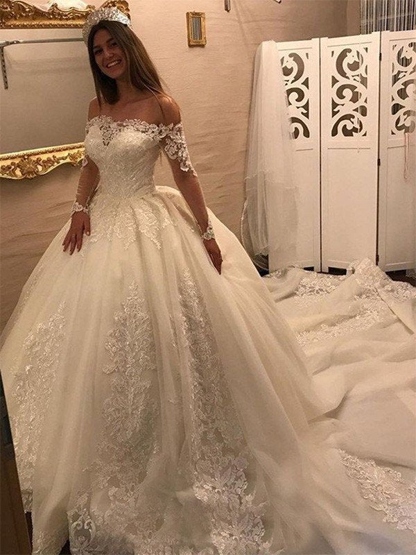 Long Off-the-Shoulder Applique Gown Ball Sleeves Cathedral Train Tulle Wedding Dresses