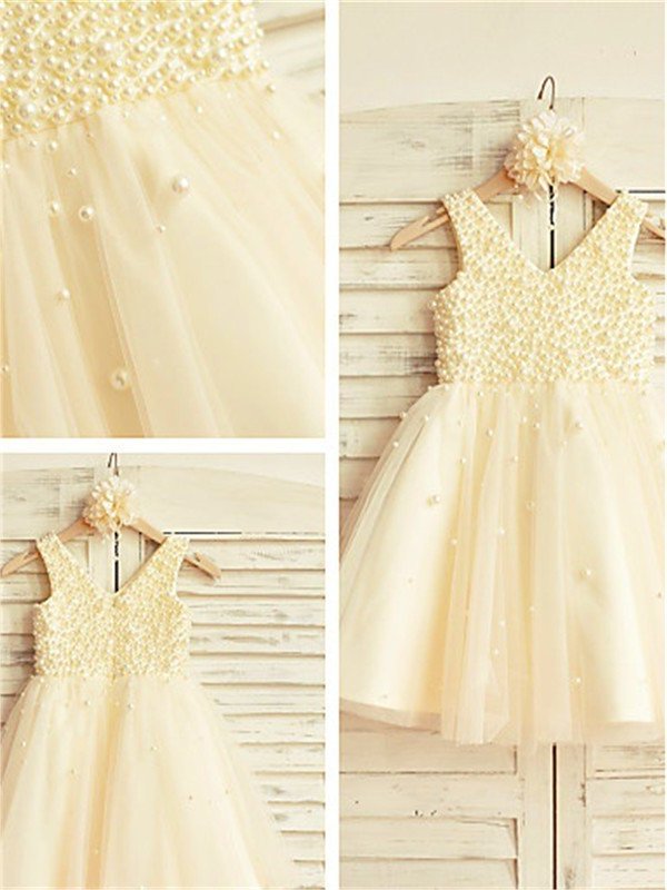 Tea-Length A-line/Princess Sleeveless Tulle Pearls V-neck Flower Girl Dresses