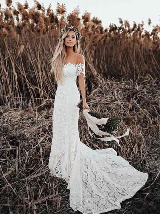 Trumpet/Mermaid Court Off-the-Shoulder Lace Applique Sleeves Short Train Wedding Dresses