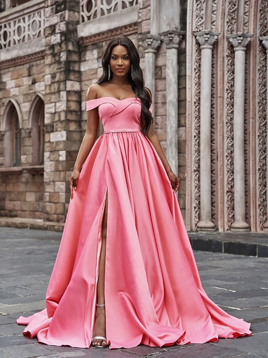 Satin Ruffles Sleeveless Off-the-Shoulder A-Line/Princess Court Train Dresses