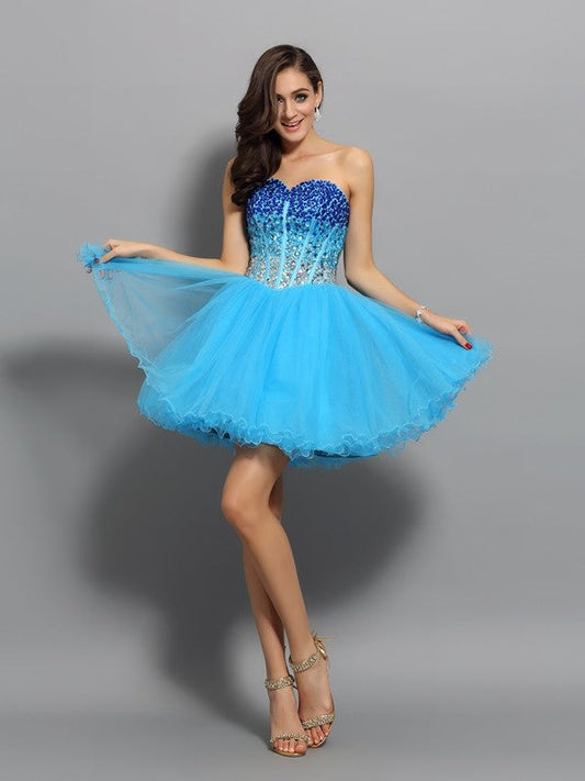 A-Line/Princess Sweetheart Homecoming Dresses Ruffles Sleeveless Short Satin Cocktail Penny Dresses