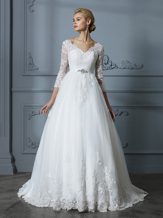 Lace V-neck Ball Court 3/4 Sleeves Train Gown Tulle Wedding Dresses