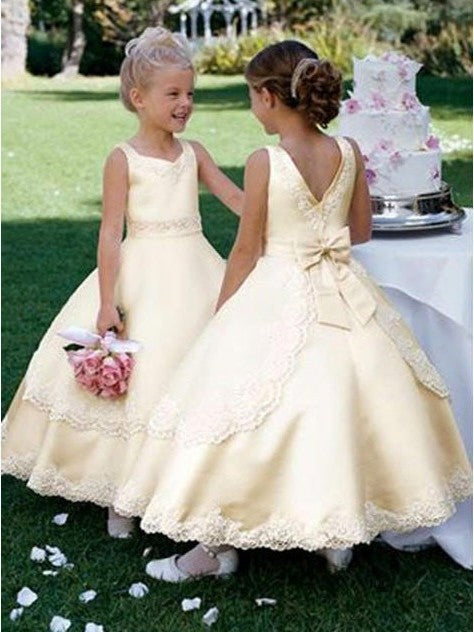 Satin Gown Scoop Long Bowknot Ball Sleeveless Flower Girl Dresses