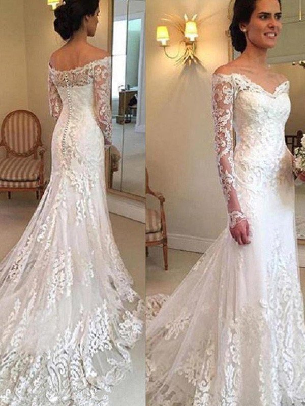 Long Trumpet/Mermaid Court Applique Off-the-Shoulder Sleeves Train Lace Wedding Dresses